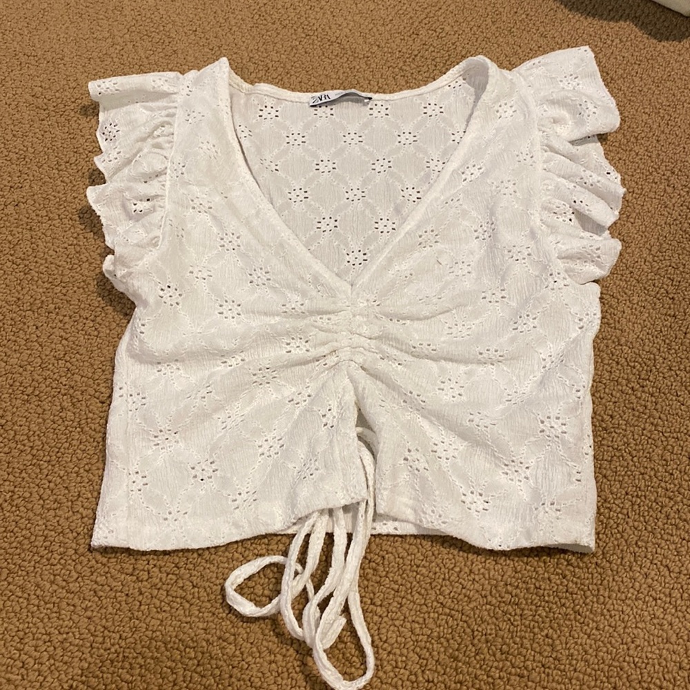 Zara white crop top with ruffle sleeves